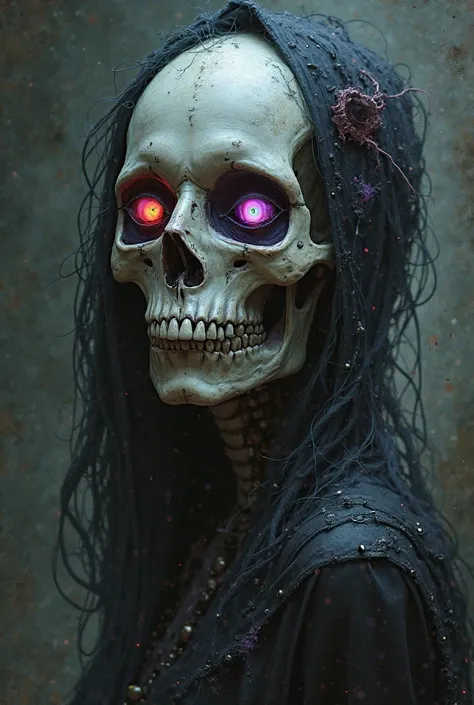 Create a dark-style skull woman with rainbow-colored eyes