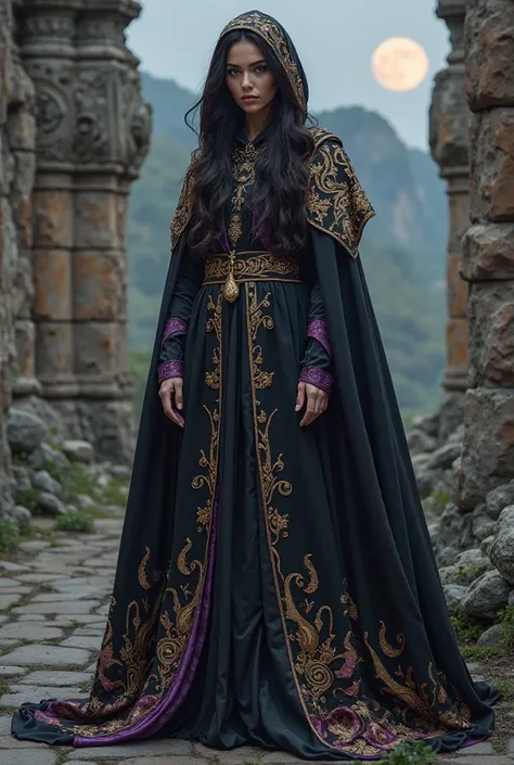 A majestic, floor-length cloak of black with a purple undertone silk, imbued with a subtle, shimmering purple luminescence. The fabric pools dramatically on the ground with metallic glowing golden embellishments fading on the bottom, its folds hinting at h...