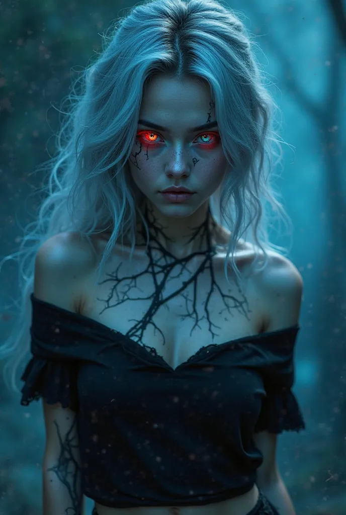 Close-up portrait in fantasy style of a mysterious female character, wearing an elegant off-shoulder black T-shirt with flowing silver-blue hair. She has striking heterochromatic eyes — one fiery red and one crystal blue. Her skin is smooth and flawless wi...