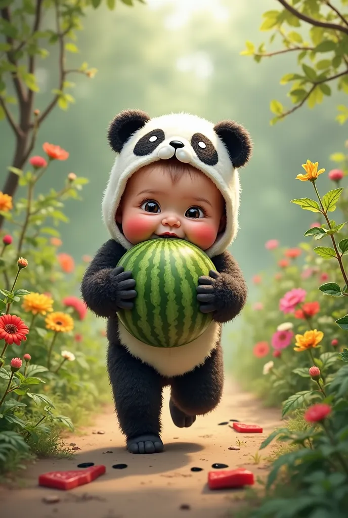 A baby dressed as a panda steals a watermelon and runs away 