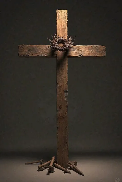 A wooden cross that looks in profile, with a crown of thorns on top and some big nails at the foot, Where Christ is supposed to have died 
