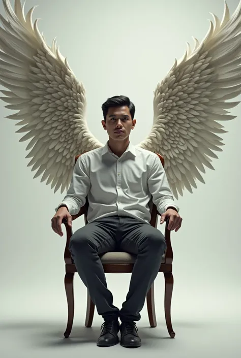 Make me a logo of a 25-year-old man sitting in a chair with wings on his back and with Ari Prasetyo's name written on my head