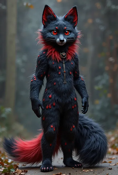 Create me a furry carackter called Techno Tail It should have the main colors black red and blue with a few accents that make it unique. The Furrsuite should be made entirely of artificial fur. The animal should be a fox or a wolf 