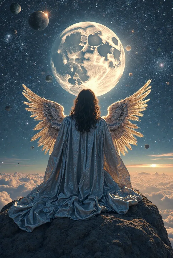 Jesus with his shiny silver robe with sparkles and angel wings sitting on top of planet Earth facing the entire universe starry with planets and the giant moon behind all the planets of the Milky Way many stars realistic image  