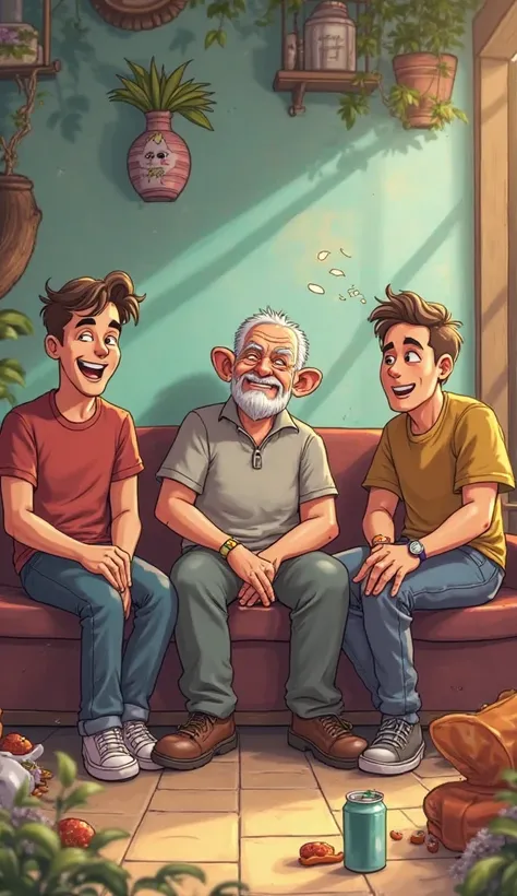 Create 3D Cartoon Style Image Scene 9. Back to Their Hangout Spot
The four friends sit in their usual chill spot, still laughing about the prank. One of them mimics the old man’s confused face, making the others laugh even harder. Snacks and soft drinks ar...