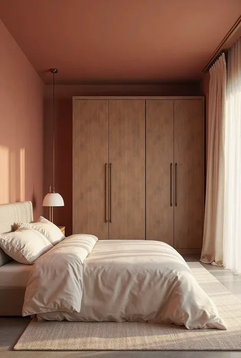 I want a bed and closet suitable for beige and red tiles in my bedroom 