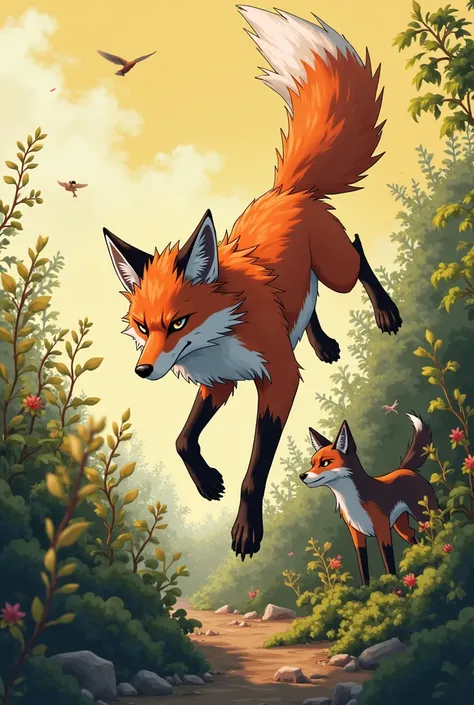 anime, History. is. The fox is fighting jumping, fox is where it is? fox is fighting bushes, fox jump. , Sol Binho. Little strong wind. little bird flying. Dog friend, dog is looking at fox.