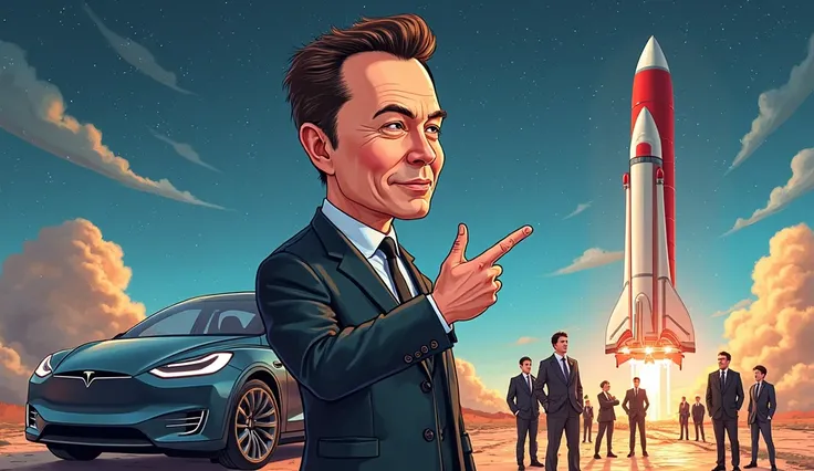 A caricature of Elon Musk with a confident and bold expression, in a futuristic setting, next to a Tesla electric car and a SpaceX rocket. He’s pointing to the future with a smile, while a group of skeptical "experts" stands behind him, shaking their heads...