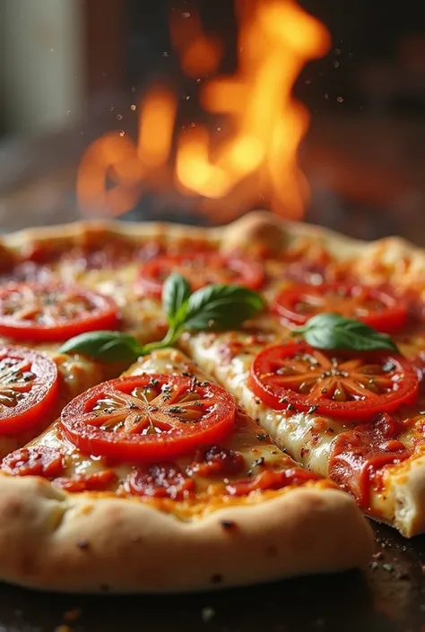 Create an image of a pizza ,with the inflated edges & slightly golden (with the cooking fire not the golden color) with bacon and tomato cut in half without green tomato leaves and roasted paprika, that it looks realistic,that you can see the cuts and a ra...