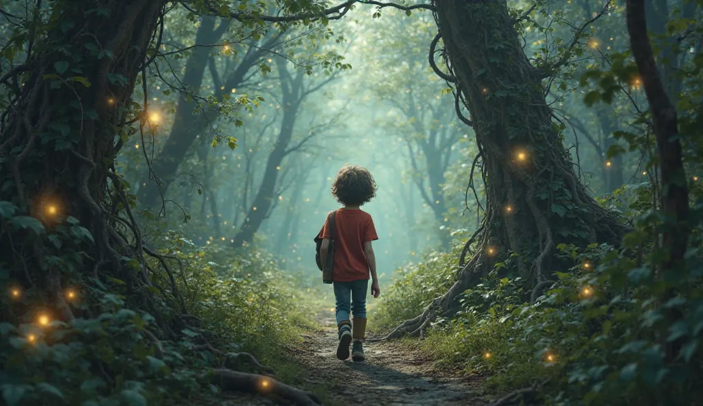 "A dense, misty forest with towering trees, thick vines, and glowing fireflies. The young boy cautiously steps forward, he was wearing red shirt and jeans and have messy hair.