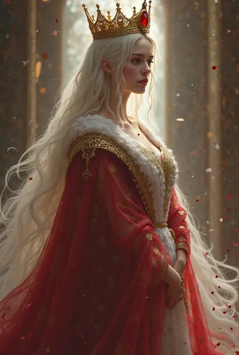 Queen in red and white robes. With a golden crown with a red jewel encrusted. Your face is pretty and your eyes are kind of melancholic