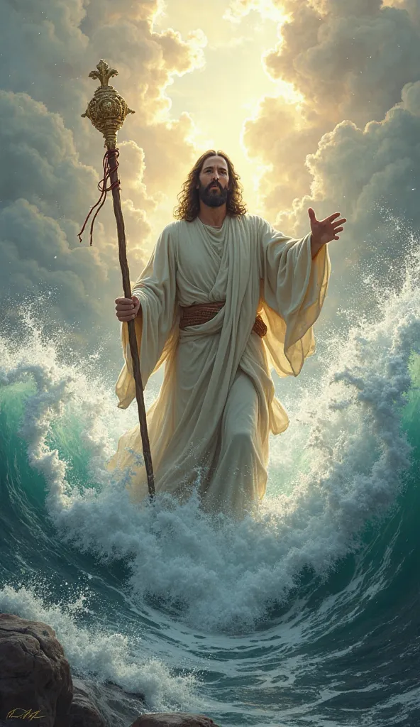 Jesus Christ opening the sea with a staff in his hands realistic image