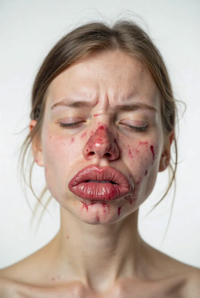 Person with a swollen lower lip and a runny nose. white background