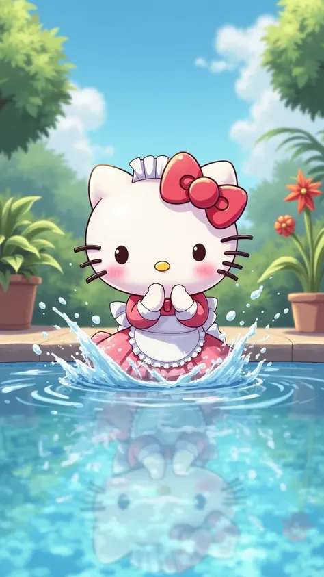 Hello Kitty With a maid outfit in the pool adorable 