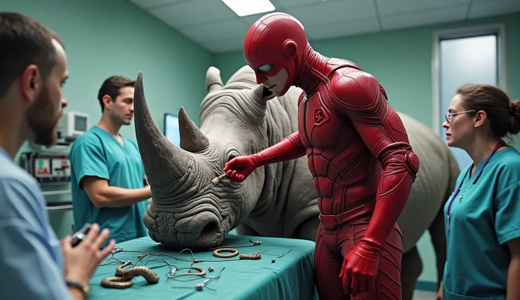 The red-suited rescuer assists the doctors, carefully extracting one last snake from the rhino’s tear ducts.