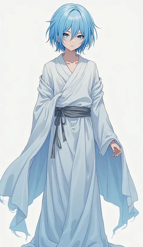 A Fullbody Picture of a solo,10 Feet Tall 1 anime boy,bishounen,male focus,emo boy,beautiful face,looking at viewer, light blue hair,emaciated,straight hair,v shaped hair bangs between eyebrows, light blue eyes, beautiful white long cloth clothing