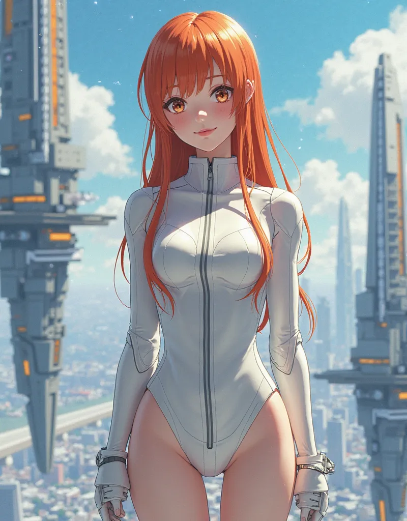 A close view of young anime woman standing outside in futuristic floating city, with long ginger hair, brown eyes and white skin, wearing white tight jumpsuit with zipper line, wearing white boots, looking with smile