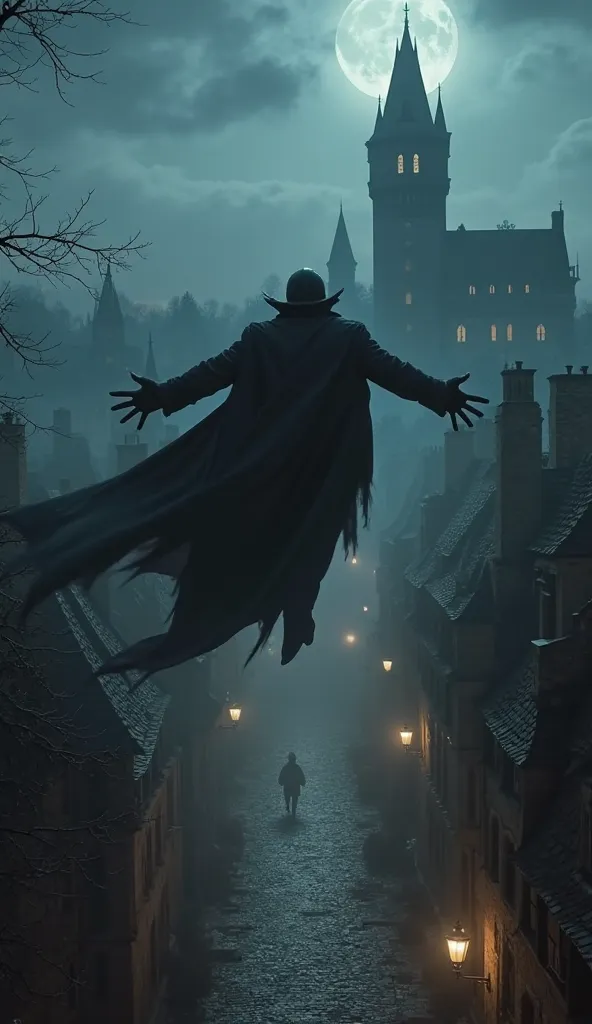 Ultra-realistic first-person POV of a vampire leaping from the top of a gothic castle toward the dark village below. Their powerful arms extend as they descend rapidly, cutting through the night air. The misty rooftops rush closer, and the vampire lands gr...