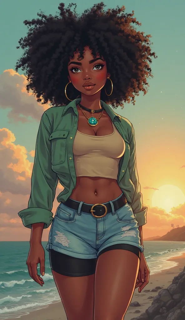  Create a girl with these features and anime style,  on an evening background 

[appearance: “Young 20” , “black afro hair that covers your eyes”, "big hips", "thick thighs", “Turquoise eyes”]
[Clothes: “beige shirt with long sleeves in jade green”, “Turqu...