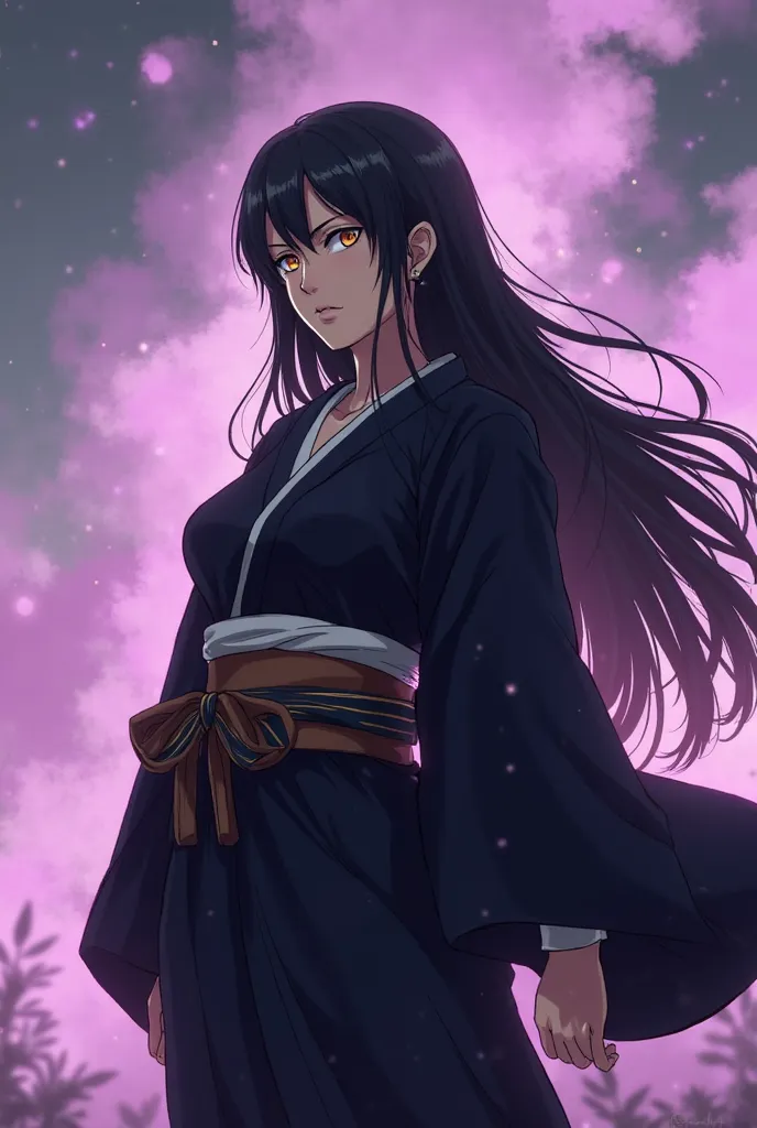 Peux-tu créer une image d'une femme avec un kimono noir, de longs cheveux noirs, des yeux jaunes, qui se tient sur un champ de bataille entouré d'une fumée violette, en respectant la direction artistique de l'animé Bleach. La femme a l'air mature