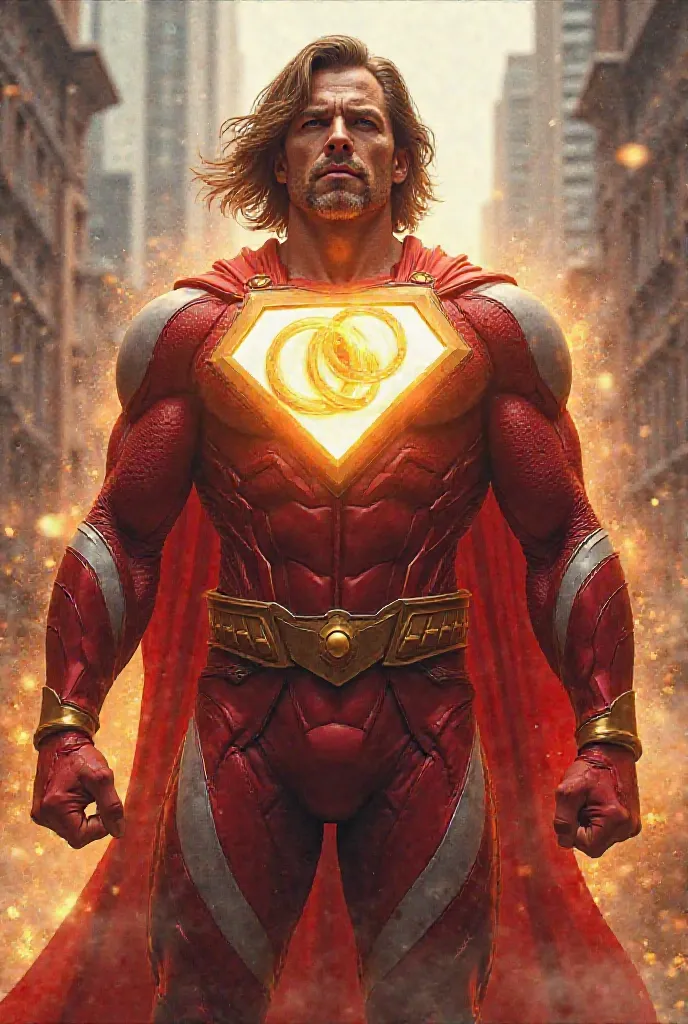 Generate a superhero in a red and white suit with medium hair, and also that he had three gold rings on his chest that came together 