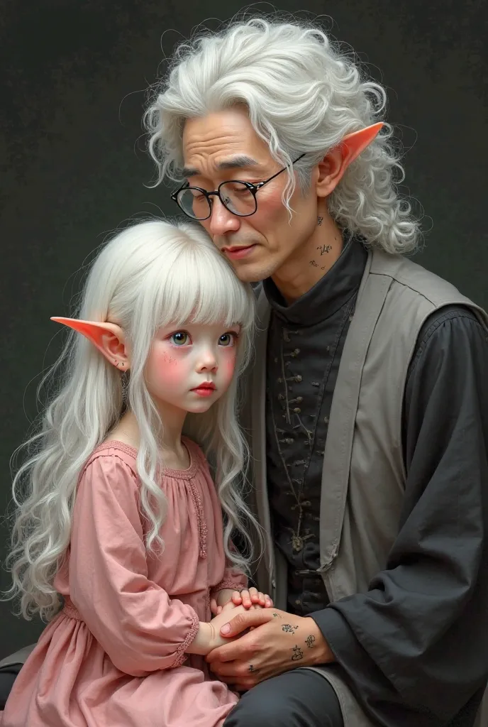 

A delicate image half rosy, Realistic style, art digital pastel v6, influenced by the Renaissance.fine features and delicate Asian eyes. A beautiful little elf,newborn delicate look, with long white hair, fringe, eyes in light gold color, is dressed in a...