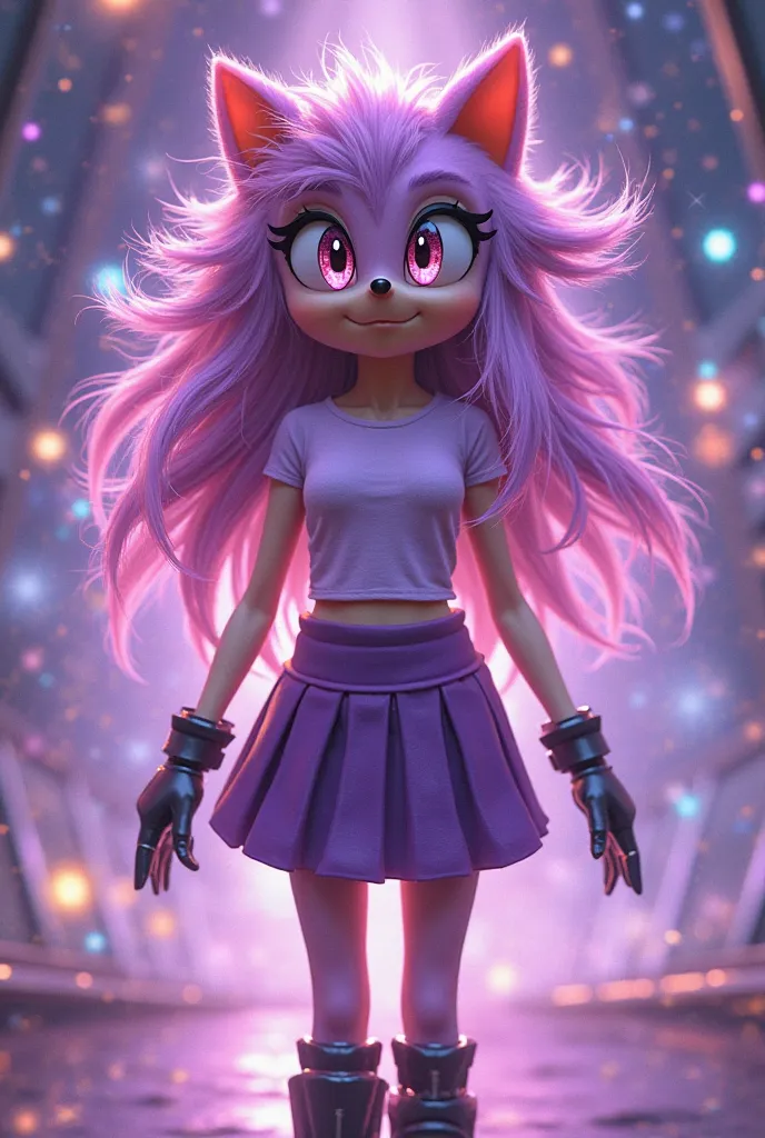 An image in the style of Sonic the hedgehog, the film of a hedgehog woman in pastel purple Mauve with loose hair in waves without any cuts, her hair just long up to the waist with soft purple galaxy eyes with bright dark tones, with a waist-length t-shirt ...