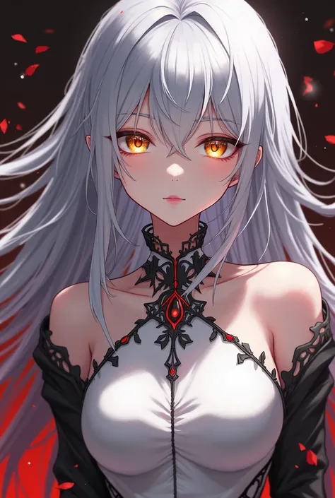 An anime ,  silver hair,  your eyes are golden, your skin is pale, chic white dress, black and red.
