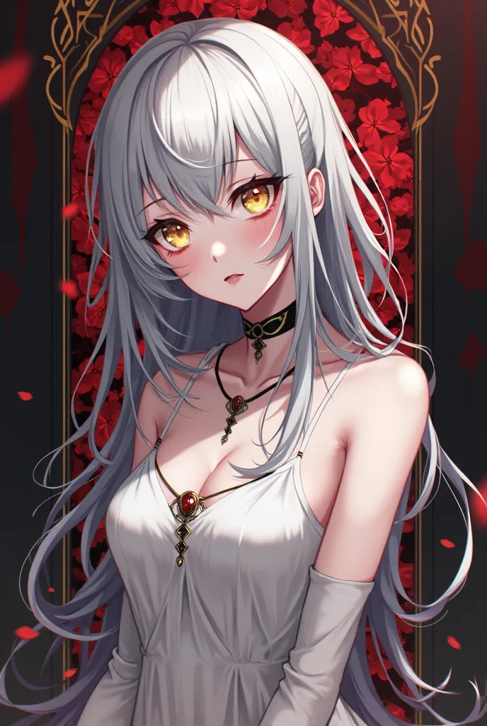 An anime ,  silver hair,  your eyes are golden, your skin is pale, chic white dress, black and red.
