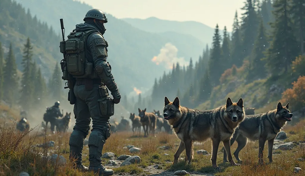 A powerful shooting scene in the mountains, Explosions in the distance. A fighter in tactical gear gives command to battle dogs in a deep forest.