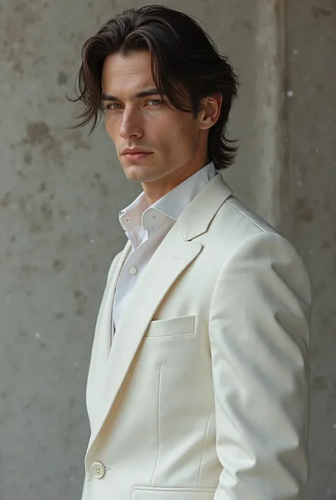 Create a character drawing, a 19-year-old man with long hair, wearing a white suit, in a well-shaped white suit.

