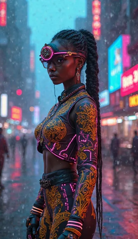 "A stunning Black Queen with a slender and well-proportioned physique, dressed in a fusion of traditional African attire and futuristic gaming fashion. She wears a colorful electronic short jacket with intricate neon tribal patterns that glow like an advan...