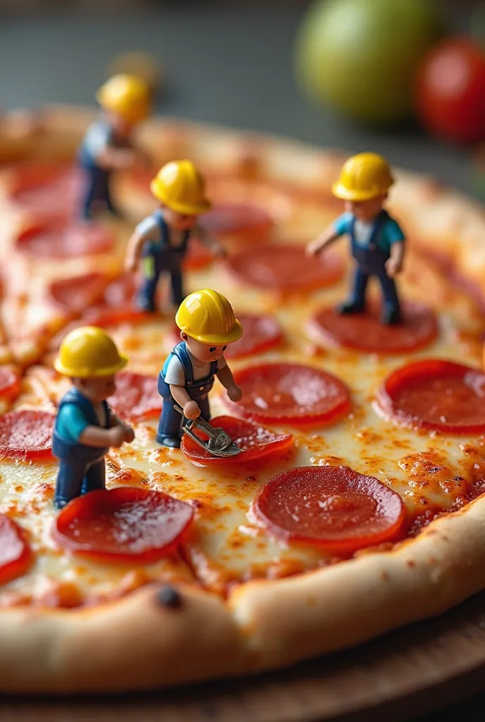 Mini construction worker toys placing pepperoni on a giant pizza