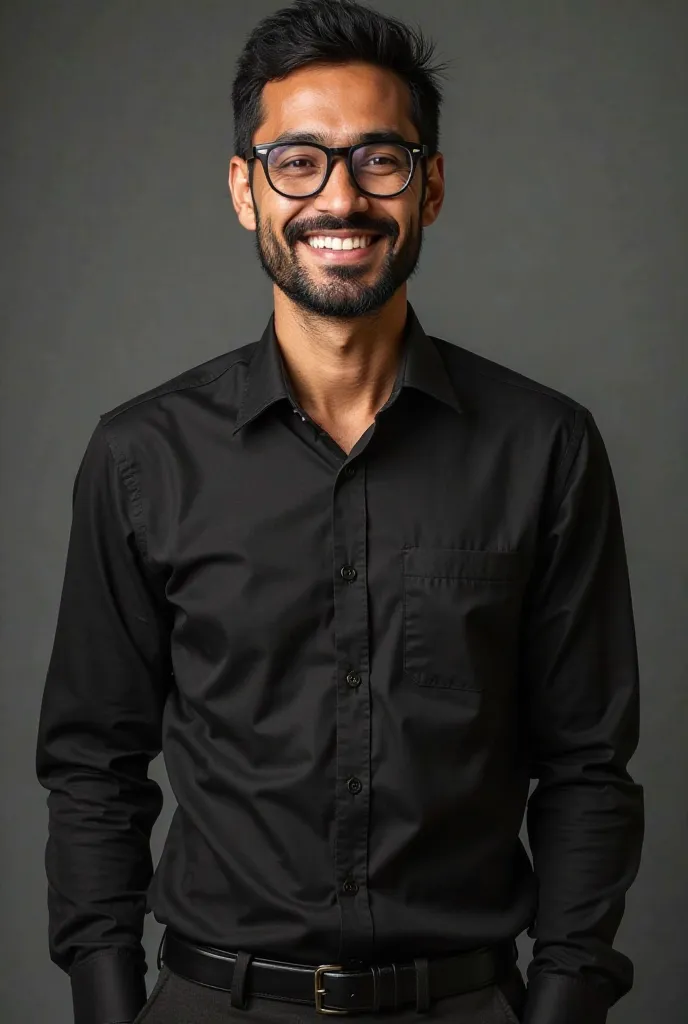 A personal picture of a man whose feet are not visible in the picture, standing officially and smiling. He has a beard and wears glasses, a black shirt and black pants   