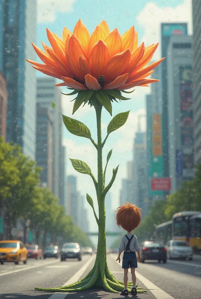 A flower with arms, legs and a face stands in front of a man on a highway in the city