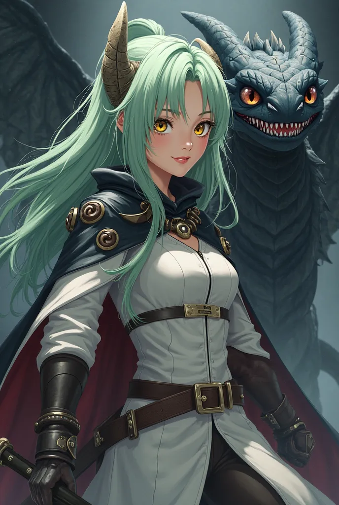 (maximum quality, better quality,  official art , beautiful and aesthetic:1.2)  female,  anime girl , rebellious girl, long light green hair with bangs covering the right side of the face,  golden eyes, Viking white coat,  wearing a black cape , cold white...