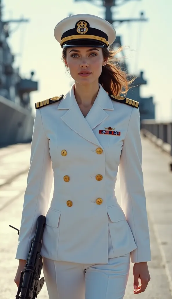 Ultra-realistic 8K cinematic video of a stunning young female naval officer in a pristine white dress uniform (tailored jacket with gold buttons, insignia patches, and a navy beret) walking confidently on the sunlit deck of a modern warship. She holds a sl...