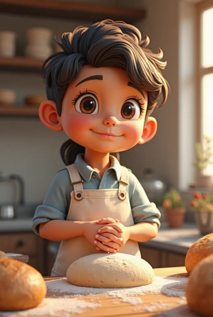 Act like an expert painter and create a 3D cartoon image of the following: One day, Mr. Perez proposed to Bladimir that a boy accompany him to the bakery to help him. Bladimir was excited and immediately accepted. She spent the afternoon kneading flour, pr...