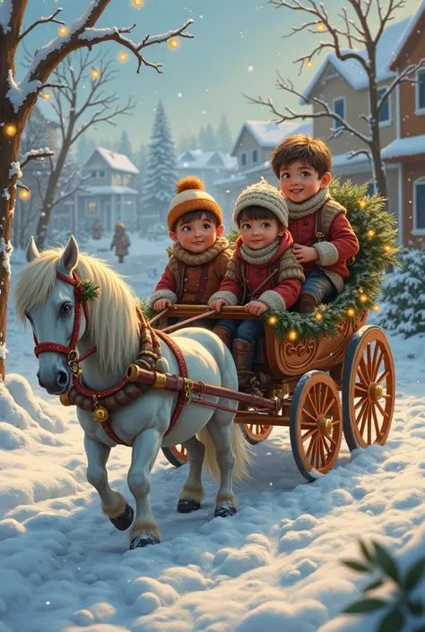 2  boys riding in a Christmas carriage, Another boy behind them watches the sad carriage