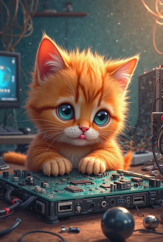 Baby orange cat repairing gamer computer