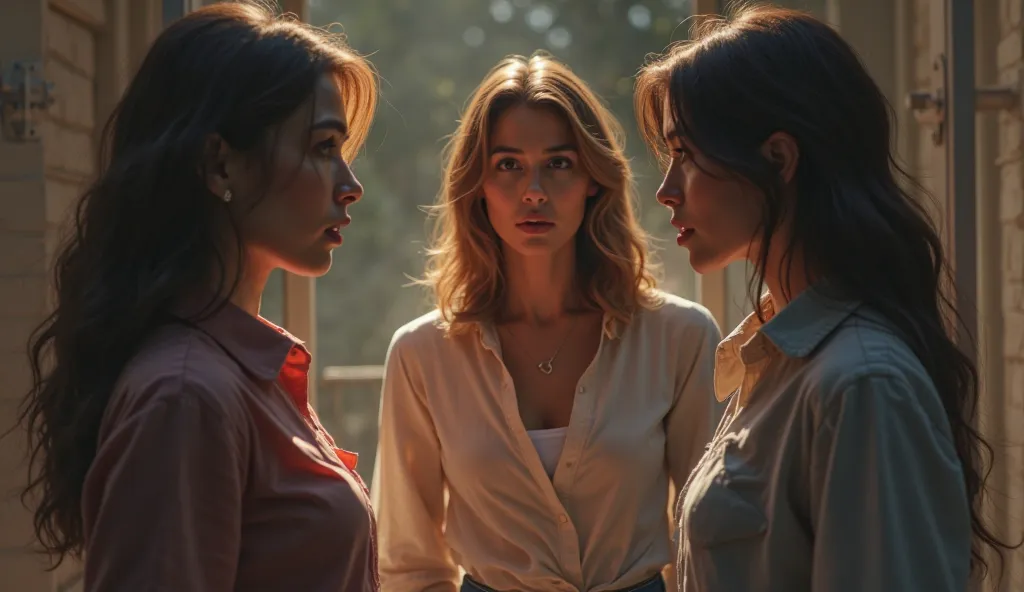 The woman looking at

him in disbelief while he stands next to another woman