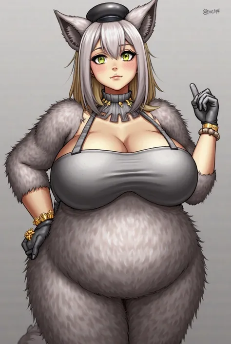 Yellow eyes, Grey hair, fnafroxanne, furry female, body fur, makeup, wolf ears, crop top, collar, spikes, jewelry, ear piercing, bracelet, wolf tail, green eyes, gloves, blonde hair, hat, roll caskett, bloblora, fat, obese, morbidly obese, fat girl, fatgir...