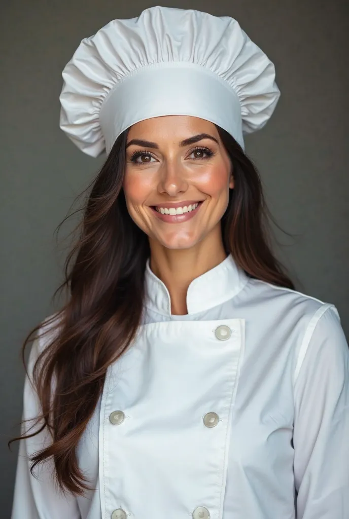  The uploaded image, She's a brunette lady,  hat dressed as a cook 