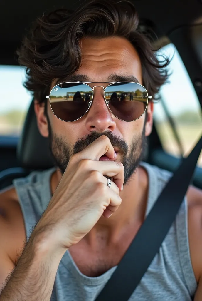 "A man with dark, wavy hair and a short, well-groomed beard sits inside a car. He wears large, aviator-style sunglasses with thin metallic frames and reflective lenses that capture part of the outside scenery. His right hand partially covers his face, fing...