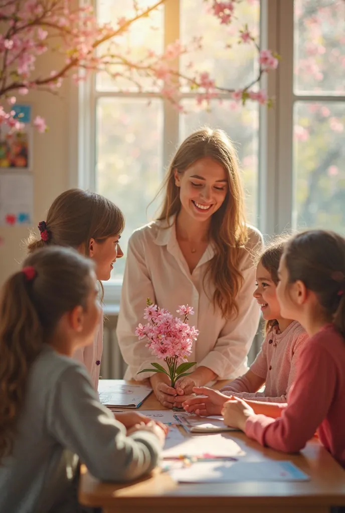 "A warm and heartfelt greeting video for teachers on March 8. Spring mood in the frame: flowering trees,  Bright sun, a light breeze . In the background is a classroom, decorated with flowers and postcards from students. The video sequence includes smiles ...