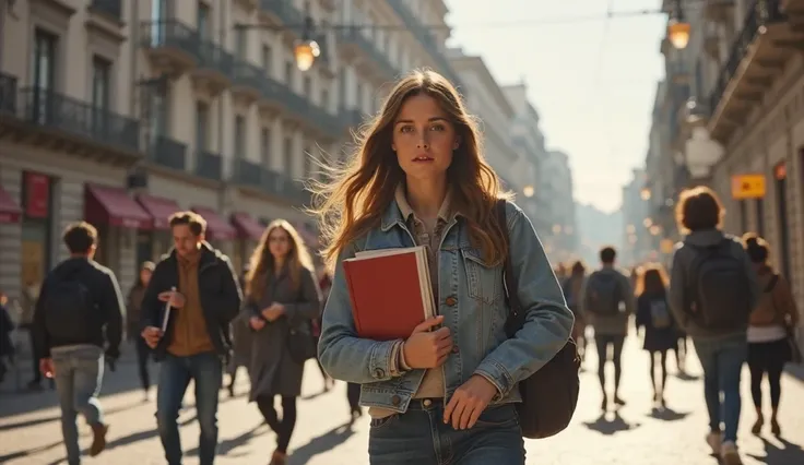 Super realistic city scene in Madrid: Isabel walks along a busy street near the university, there are a lot of students around, in their hands, books and bags. Large city buildings with a historic facade, sidewalks filled with people. Isabel looks determin...