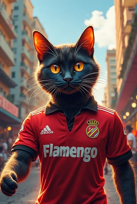 A cat wearing the Flamengo jersey