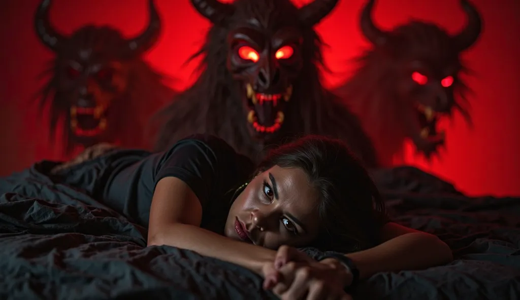 photorealism” A serious and determined woman lies on a bed covered with dark sheets and looks with an intense face directly into the camera. behind her, in the darkness of the room, menacing shadows of demonic creatures with glowing eyes and sharp teeth, s...