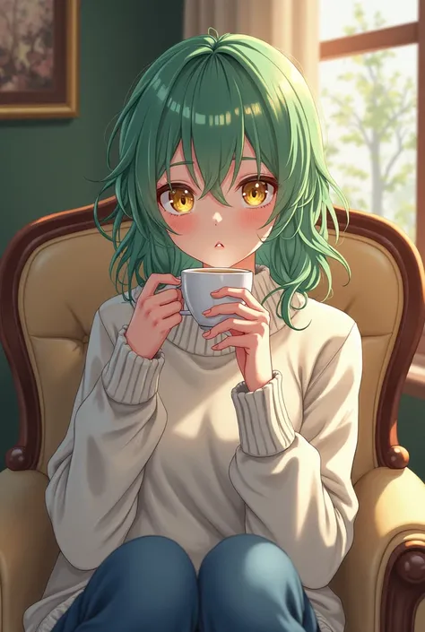 Uma girl, anime style, girl, green hair,  golden eyes, fair skin, white sweater,  jeans, Sitting on a chair,  having a hot coffee .