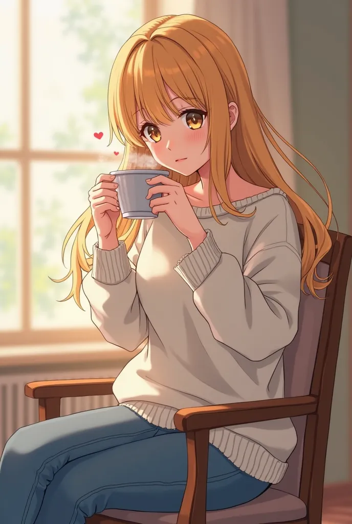 Uma girl, anime style, girl,  yellow hair,  golden eyes, fair skin, white sweater,  jeans, Sitting on a chair,  having a hot coffee .
